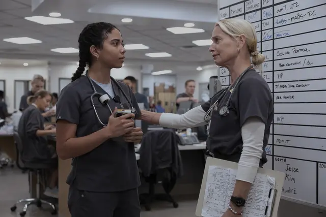Fans sorgen sich um Krankenschwester Emma (links). Könnte "The Pitt"-Stationsleiterin Dana (rechts) ihr in letzter Sekunde zur Hilfe kommen? | Foto: Warrick Page/HBO Max
